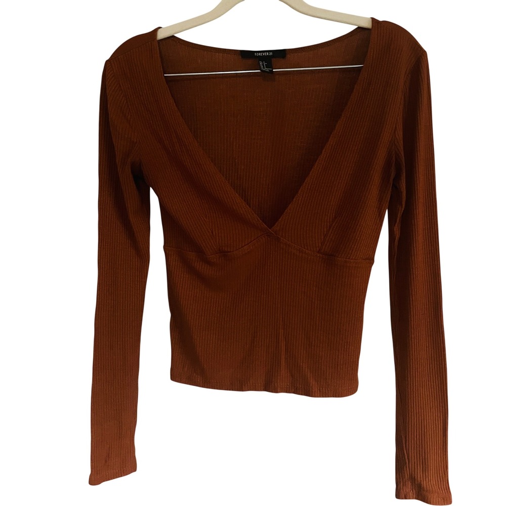 Y2K Fairy Whimsigoth Babydoll Ribbed Knit Deep V Neck Crop Top S Rust Earthy